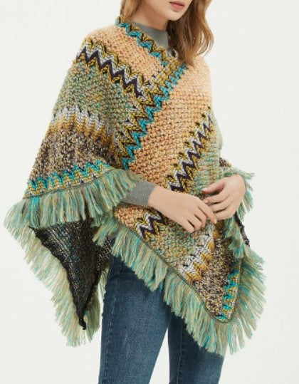 Boho Zigzag Knit Fringe Poncho Wrap - Yellow - 3
