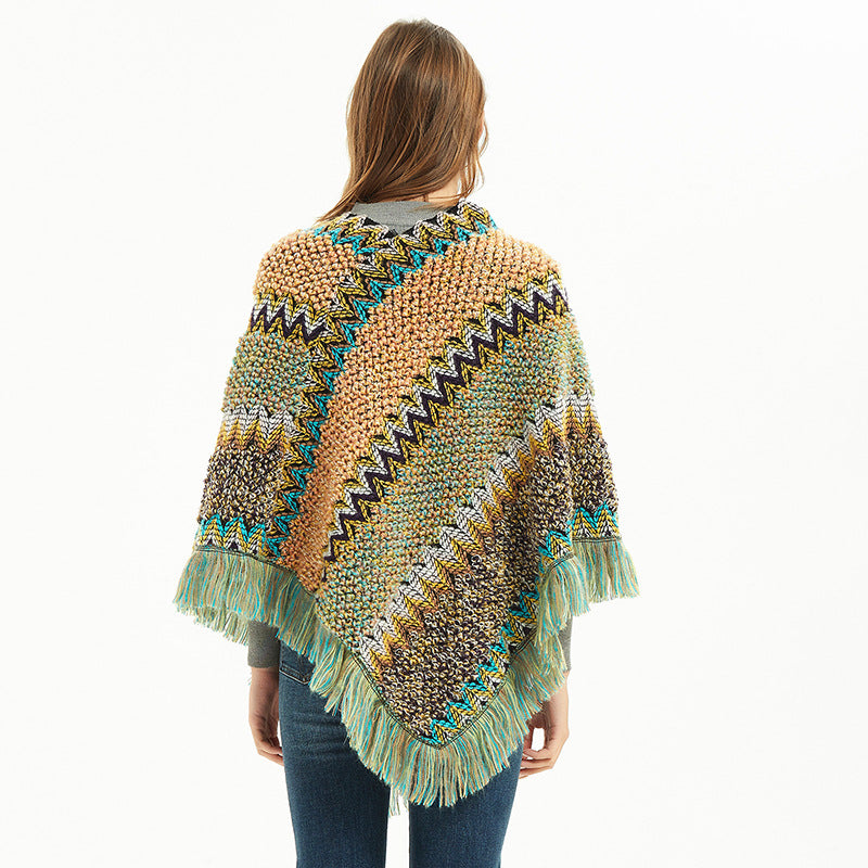 Boho Zigzag Knit Fringe Poncho Wrap - Yellow - 4