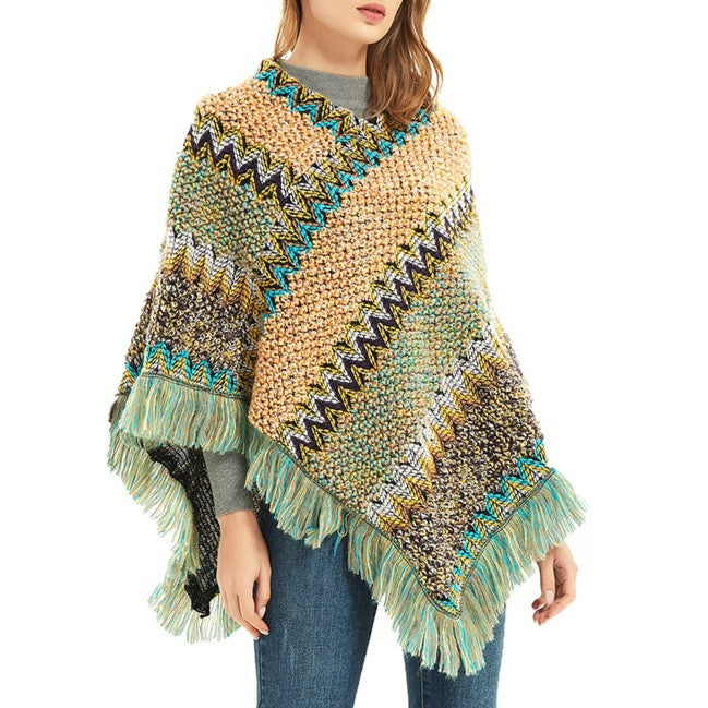 Boho Zigzag Knit Fringe Poncho Wrap - Yellow - 5