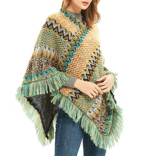 Boho Zigzag Knit Fringe Poncho Wrap - Yellow - 6