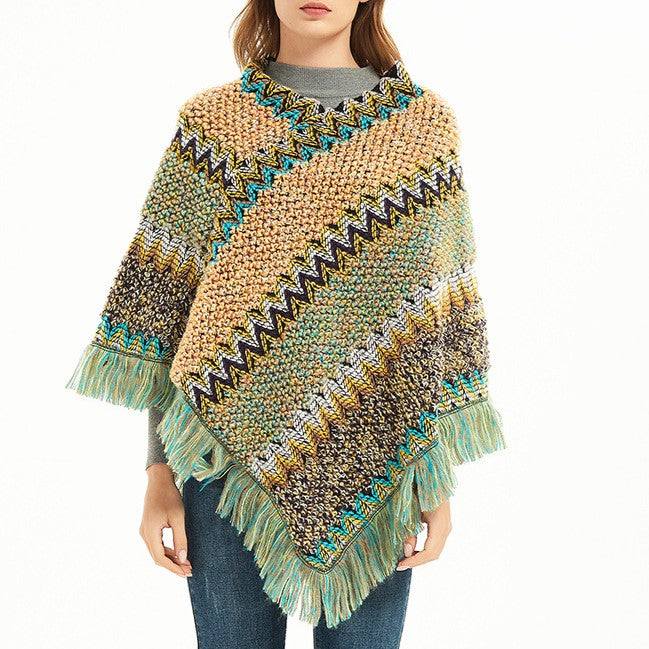 Boho Zigzag Knit Fringe Poncho Wrap - Yellow - 7