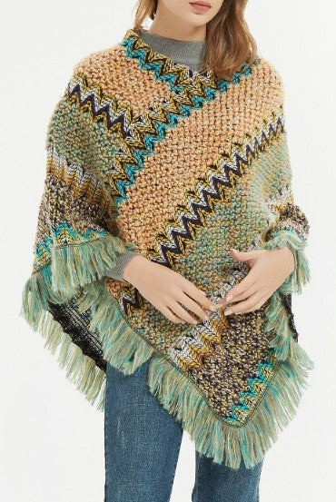 Boho Zigzag Knit Fringe Poncho Wrap