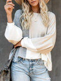 Colorblock Patchwork Drop Shoulder Knit Sweater - Apricot