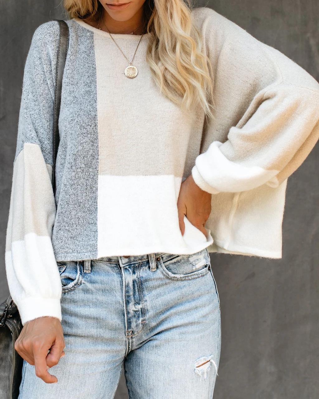 Colorblock Patchwork Drop Shoulder Knit Sweater - Apricot - 2