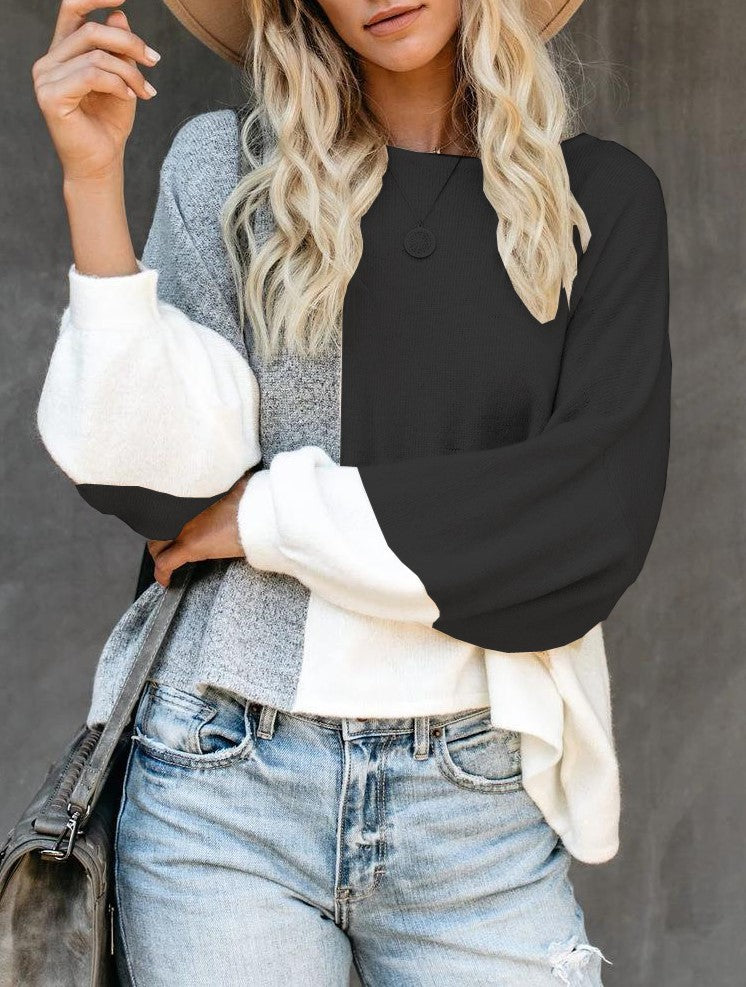 Colorblock Patchwork Drop Shoulder Knit Sweater - Black