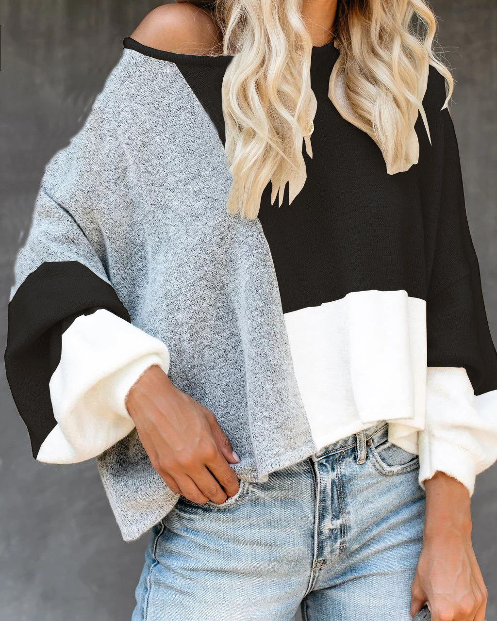 Colorblock Patchwork Drop Shoulder Knit Sweater - Black - 1