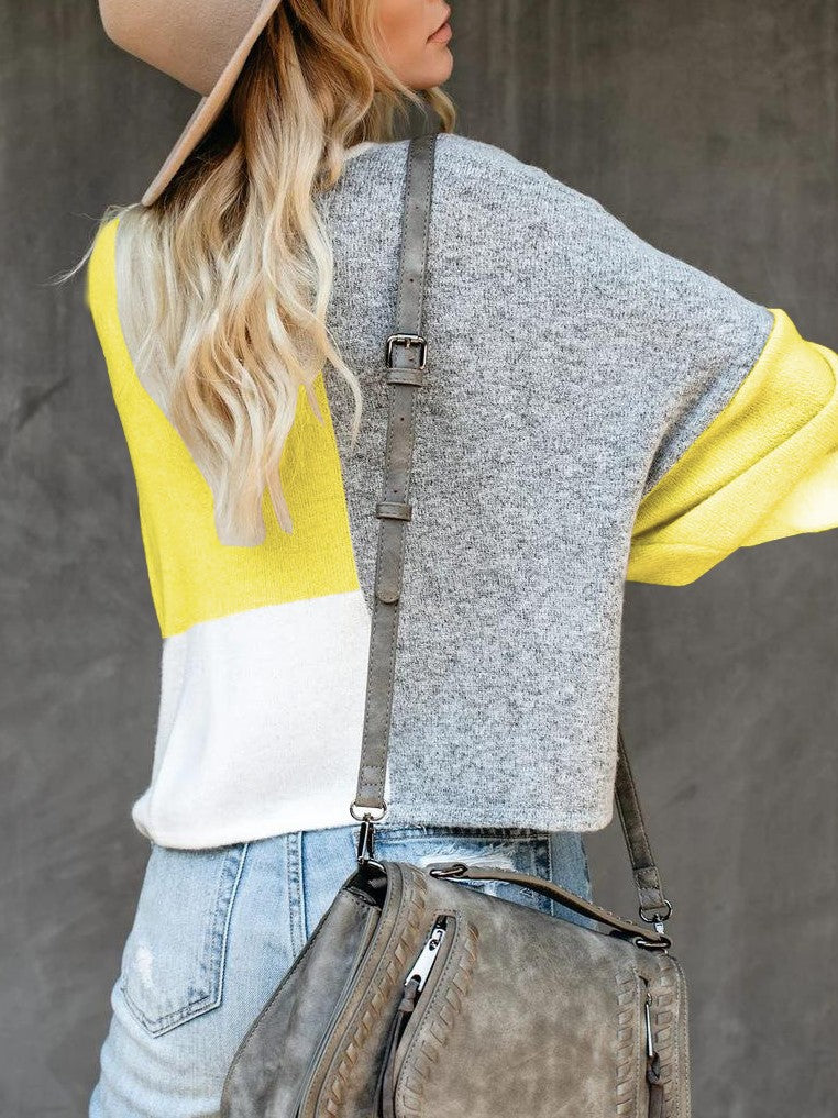 Colorblock Patchwork Drop Shoulder Knit Sweater - Yellow - 1