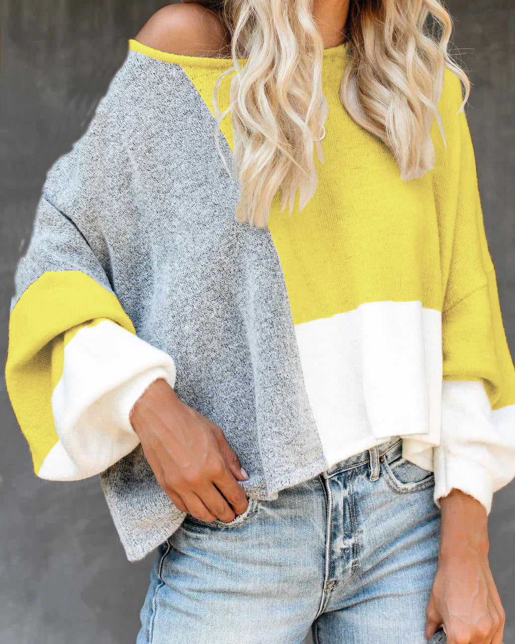 Colorblock Patchwork Drop Shoulder Knit Sweater - Yellow - 2