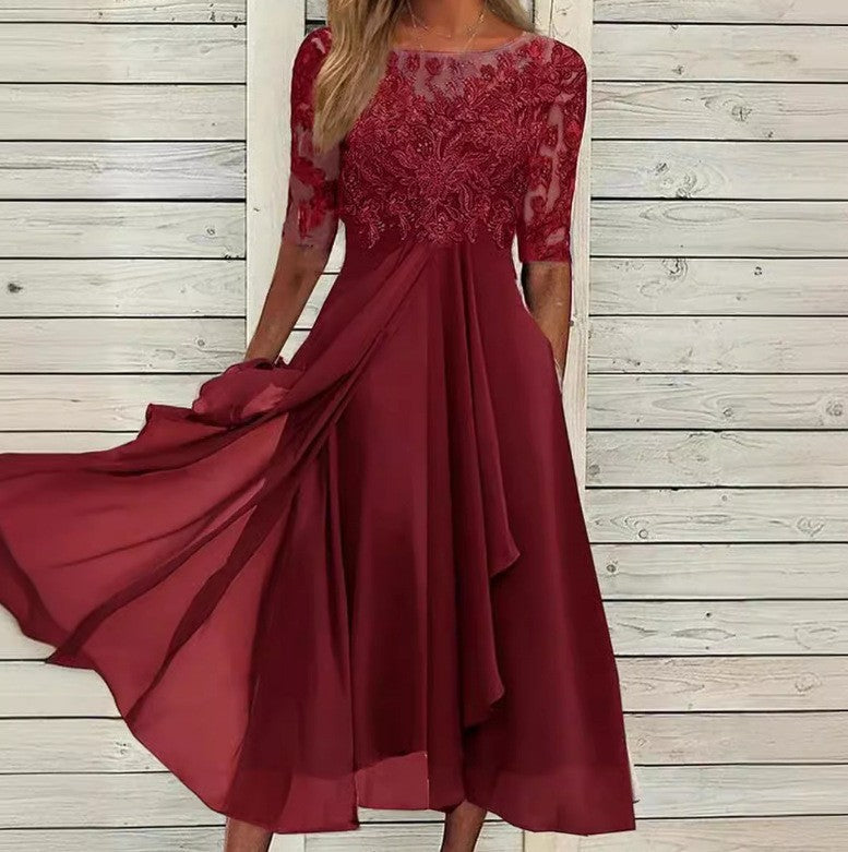 Lace Half Sleeve Chiffon Asymmetric Midi Dress - Burgundy