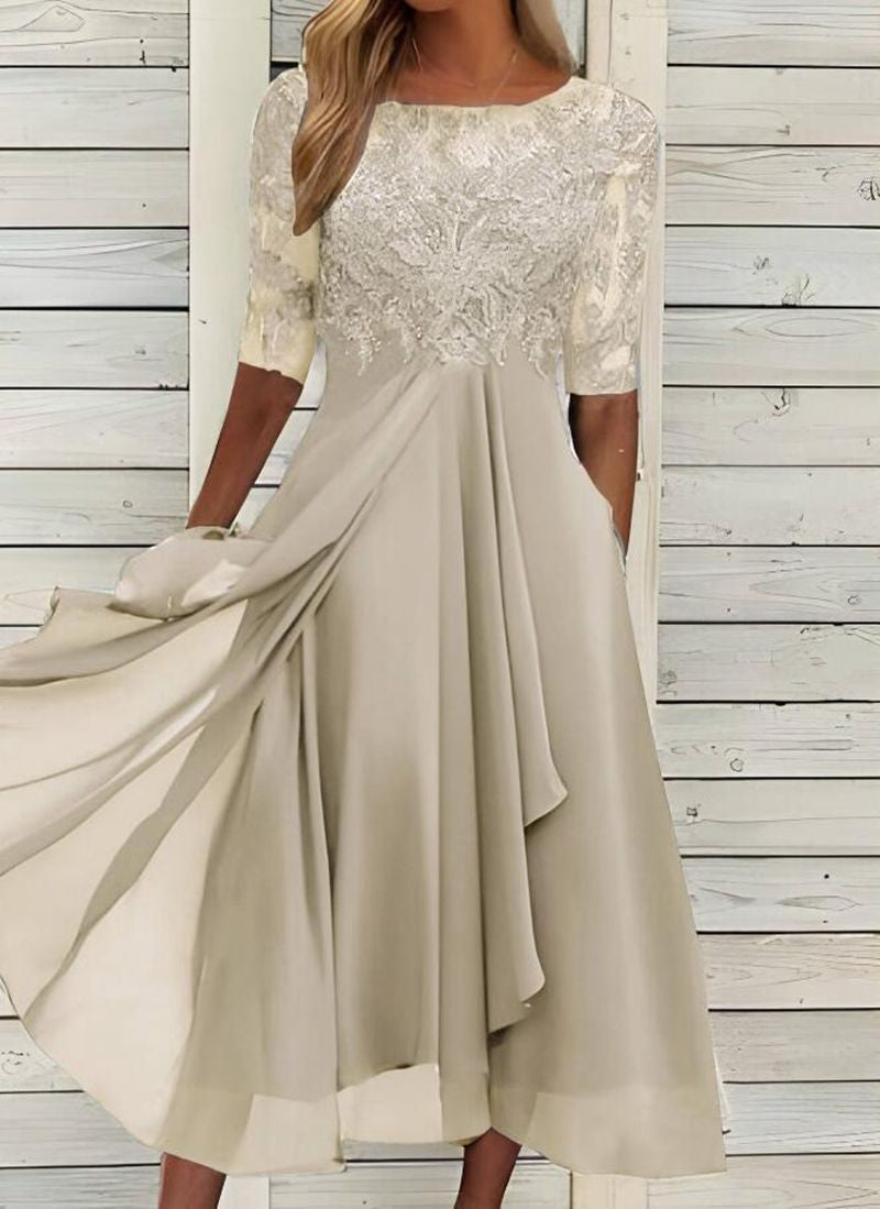 Lace Half Sleeve Chiffon Asymmetric Midi Dress - Champagne