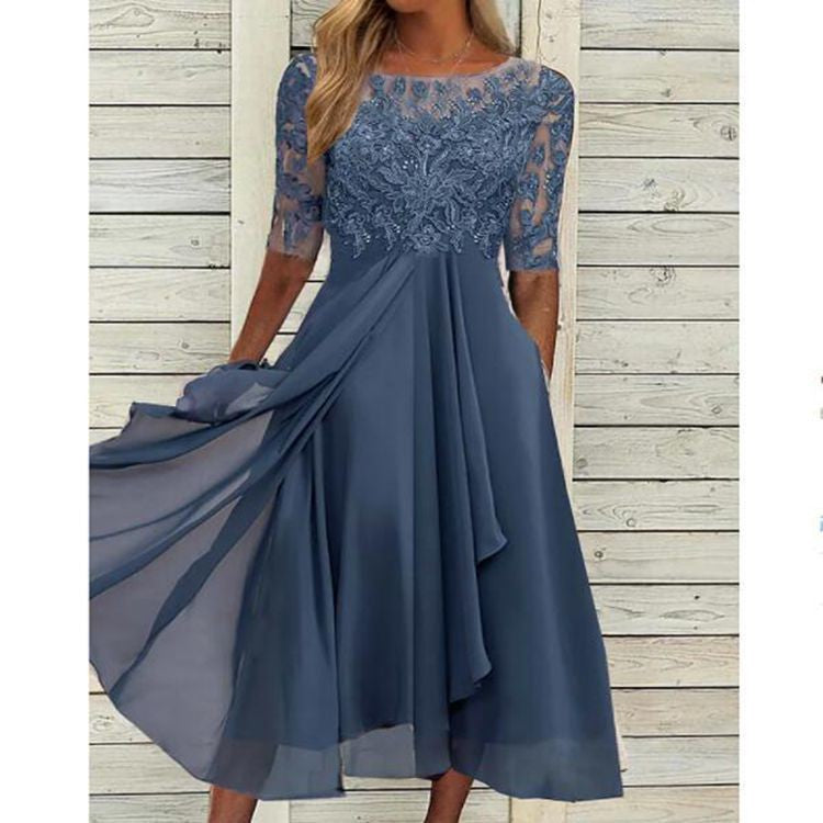 Lace Half Sleeve Chiffon Asymmetric Midi Dress - Dusty Blue