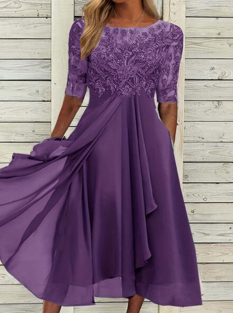 Lace Half Sleeve Chiffon Asymmetric Midi Dress - Purple