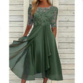 Lace Half Sleeve Chiffon Asymmetric Midi Dress - Sage Green