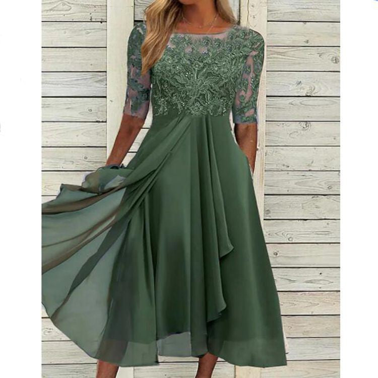 Lace Half Sleeve Chiffon Asymmetric Midi Dress - Sage Green