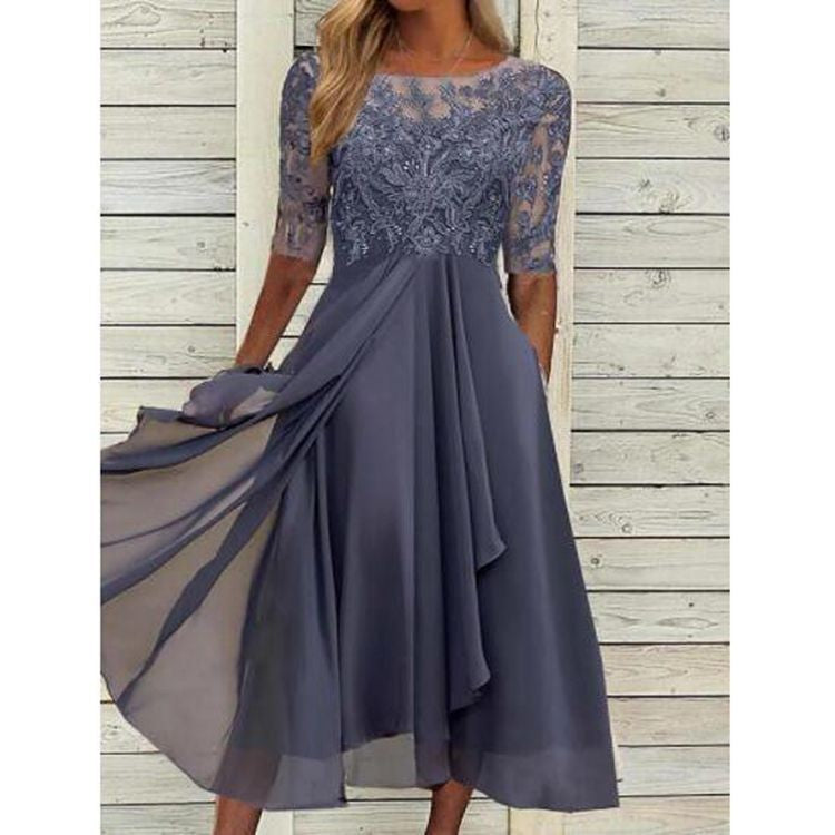 Lace Half Sleeve Chiffon Asymmetric Midi Dress