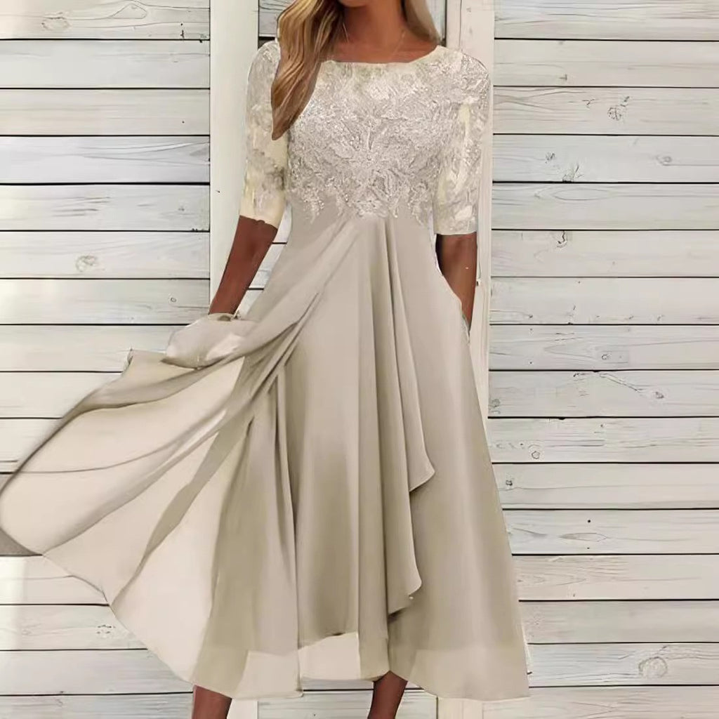 Lace Half Sleeve Chiffon Asymmetric Midi Dress