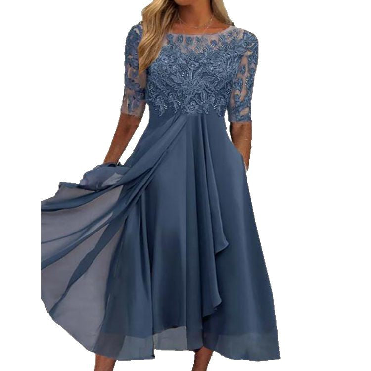 Lace Half Sleeve Chiffon Asymmetric Midi Dress