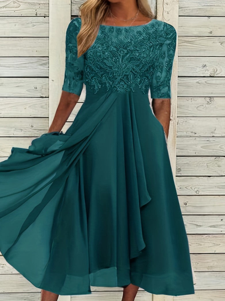 Lace Half Sleeve Chiffon Asymmetric Midi Dress
