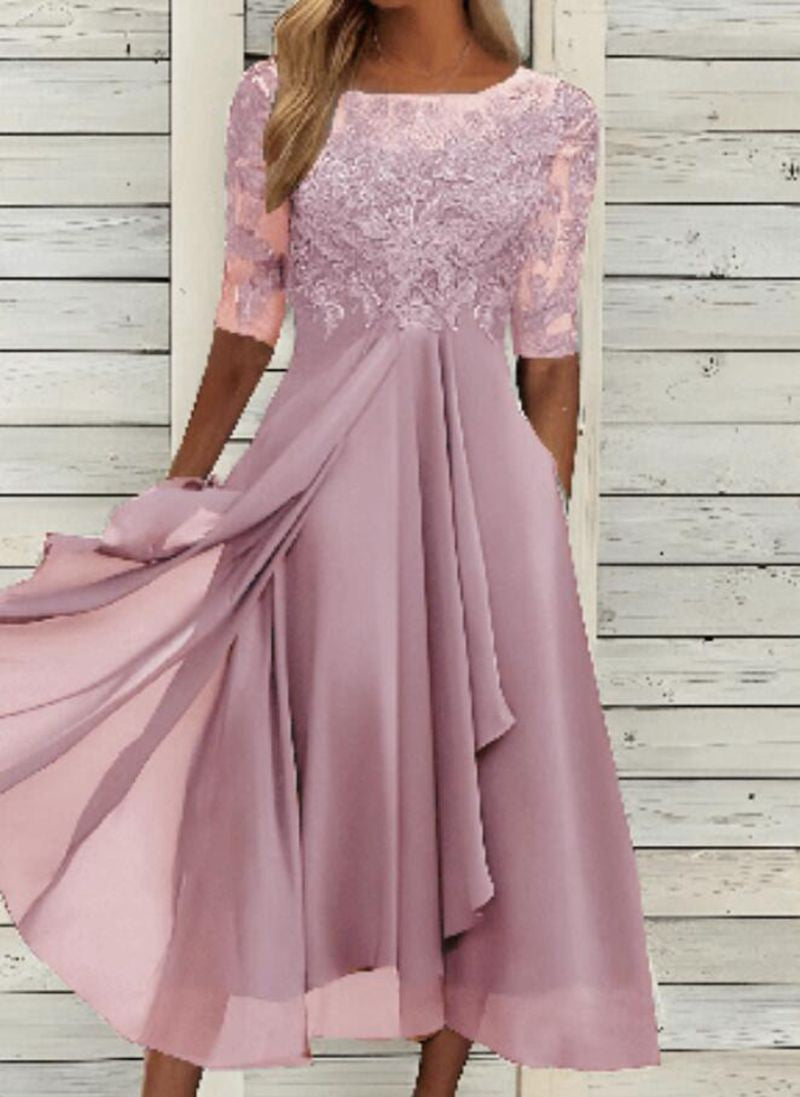 Lace Half Sleeve Chiffon Asymmetric Midi Dress