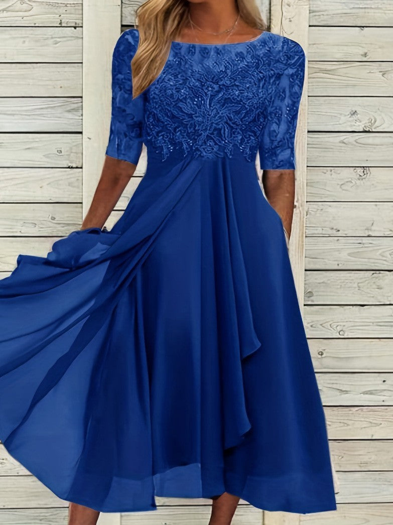 Lace Half Sleeve Chiffon Asymmetric Midi Dress