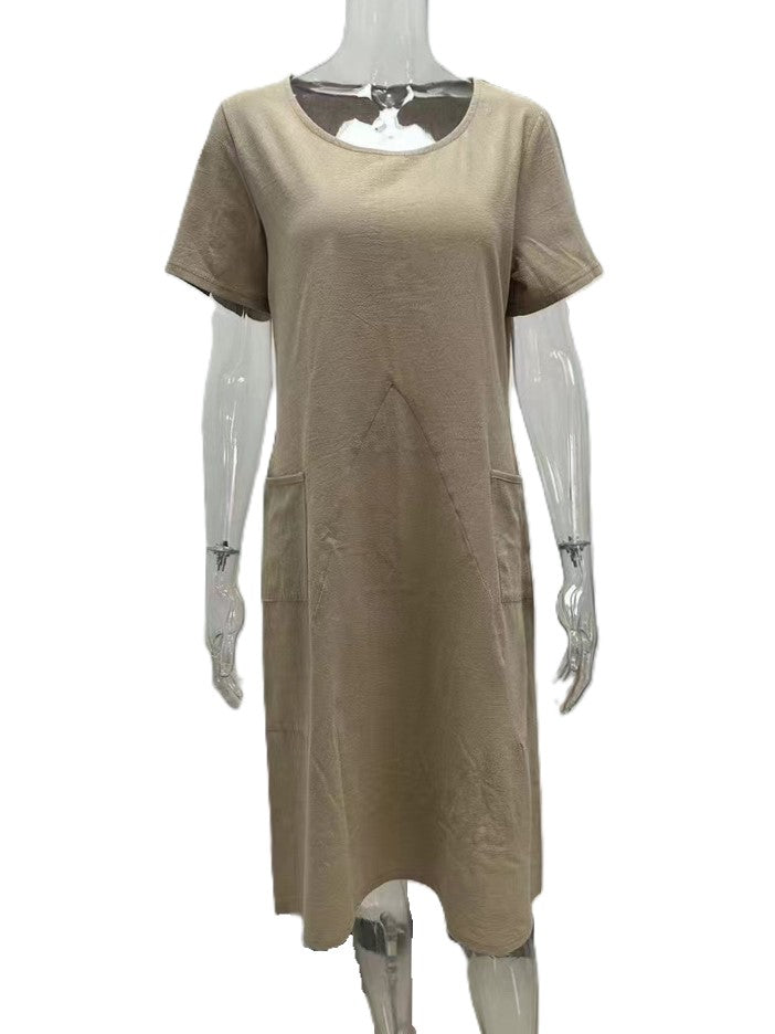 Cocoon Hem Pocket Midi T Shirt Dress - Khaki