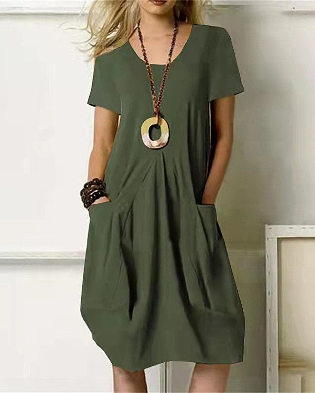 Cocoon Hem Pocket Midi T Shirt Dress - Olive