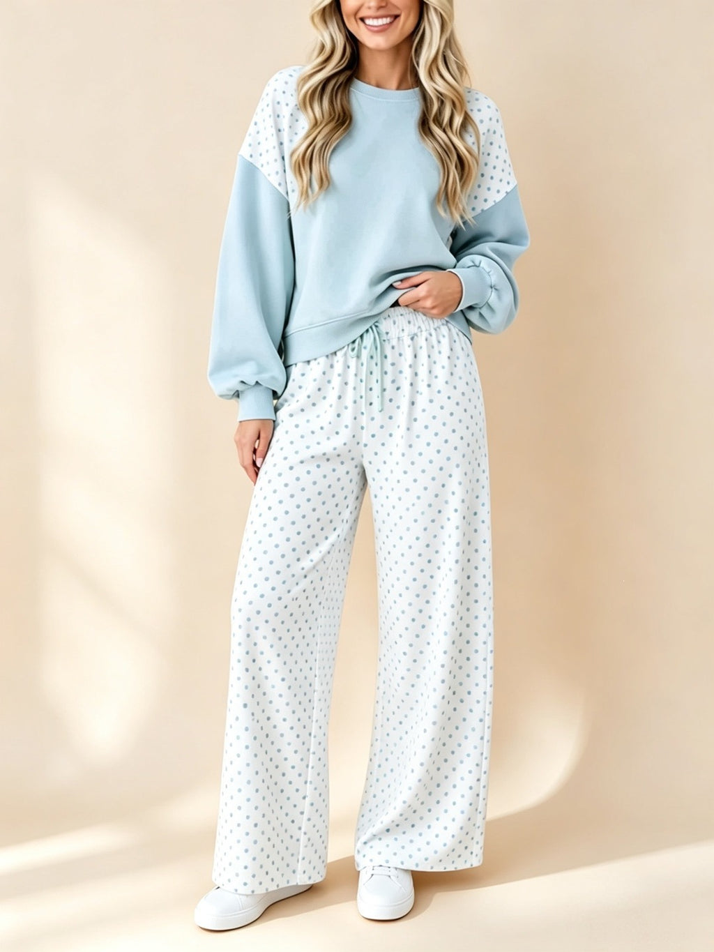 Dot Patchwork Sweatshirt and Wide Leg Pants Set - Blue