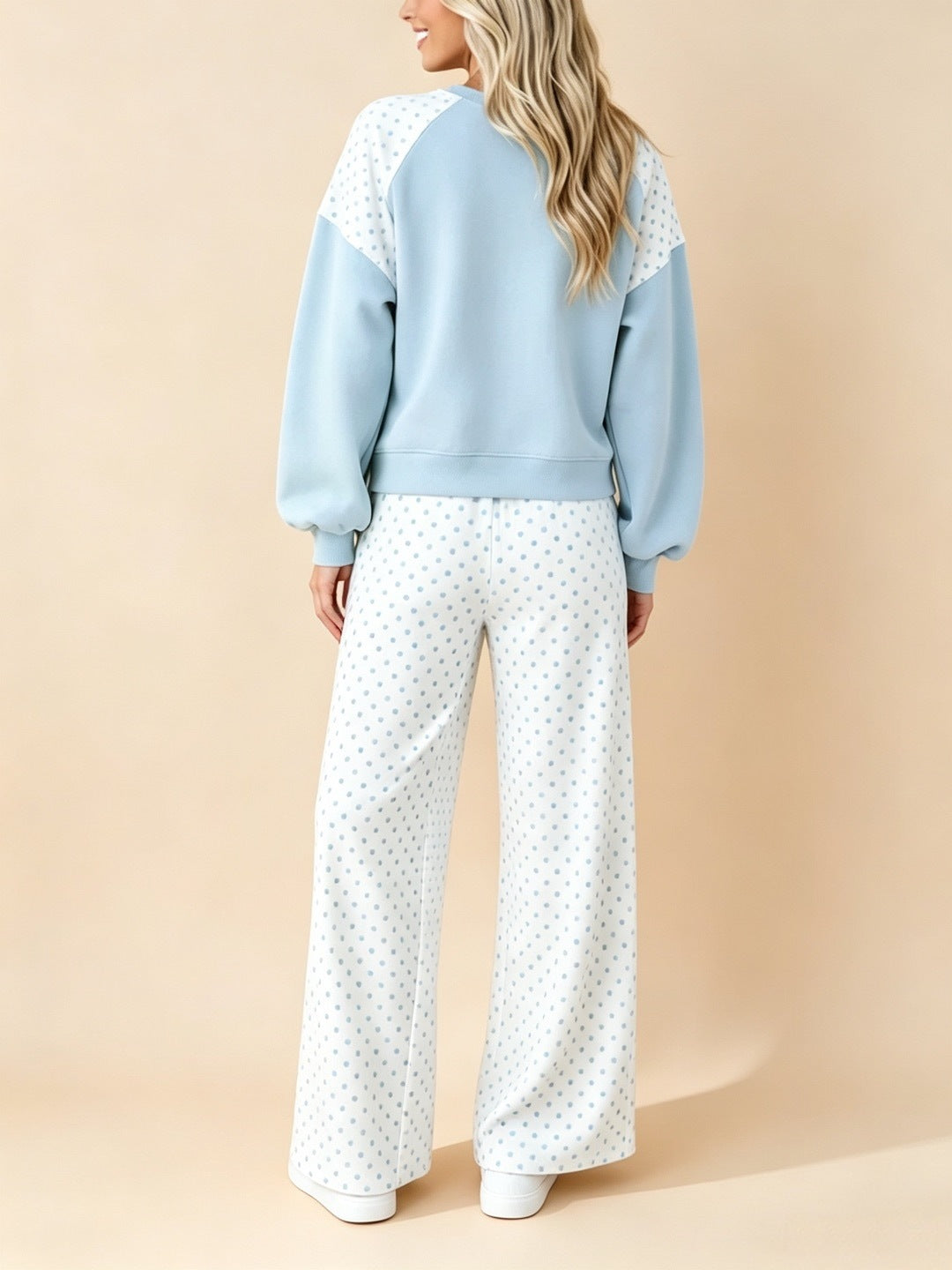 Dot Patchwork Sweatshirt and Wide Leg Pants Set - Blue - 1
