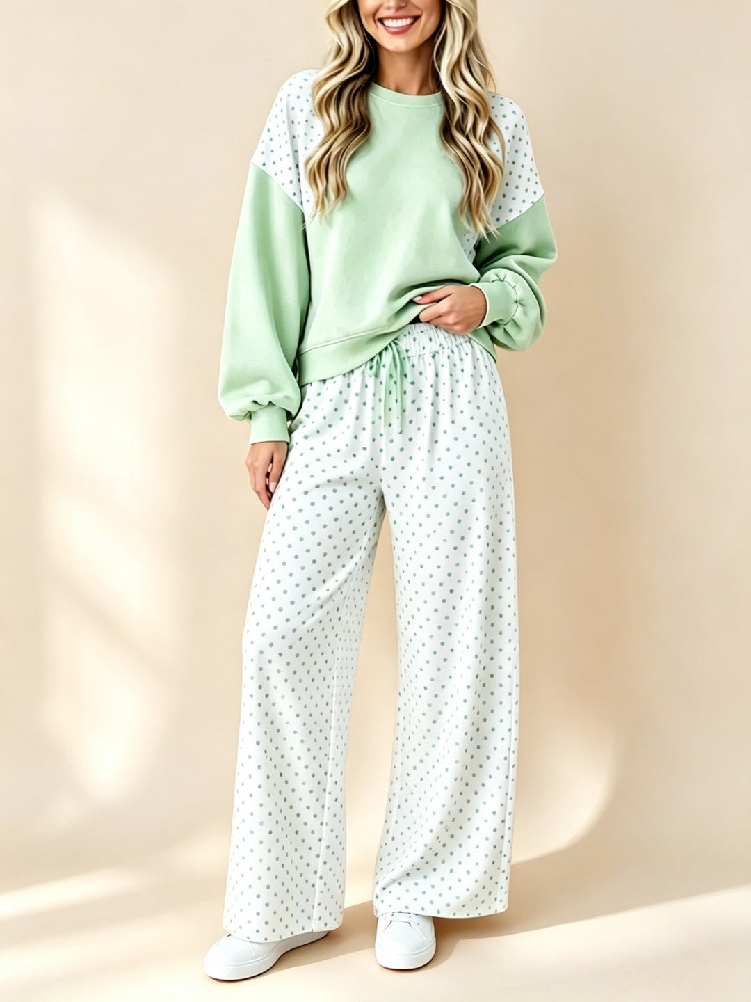 Dot Patchwork Sweatshirt and Wide Leg Pants Set - Green