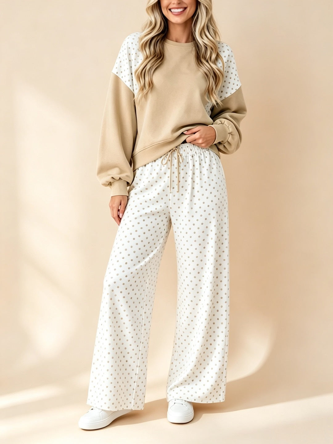 Dot Patchwork Sweatshirt and Wide Leg Pants Set - Khaki