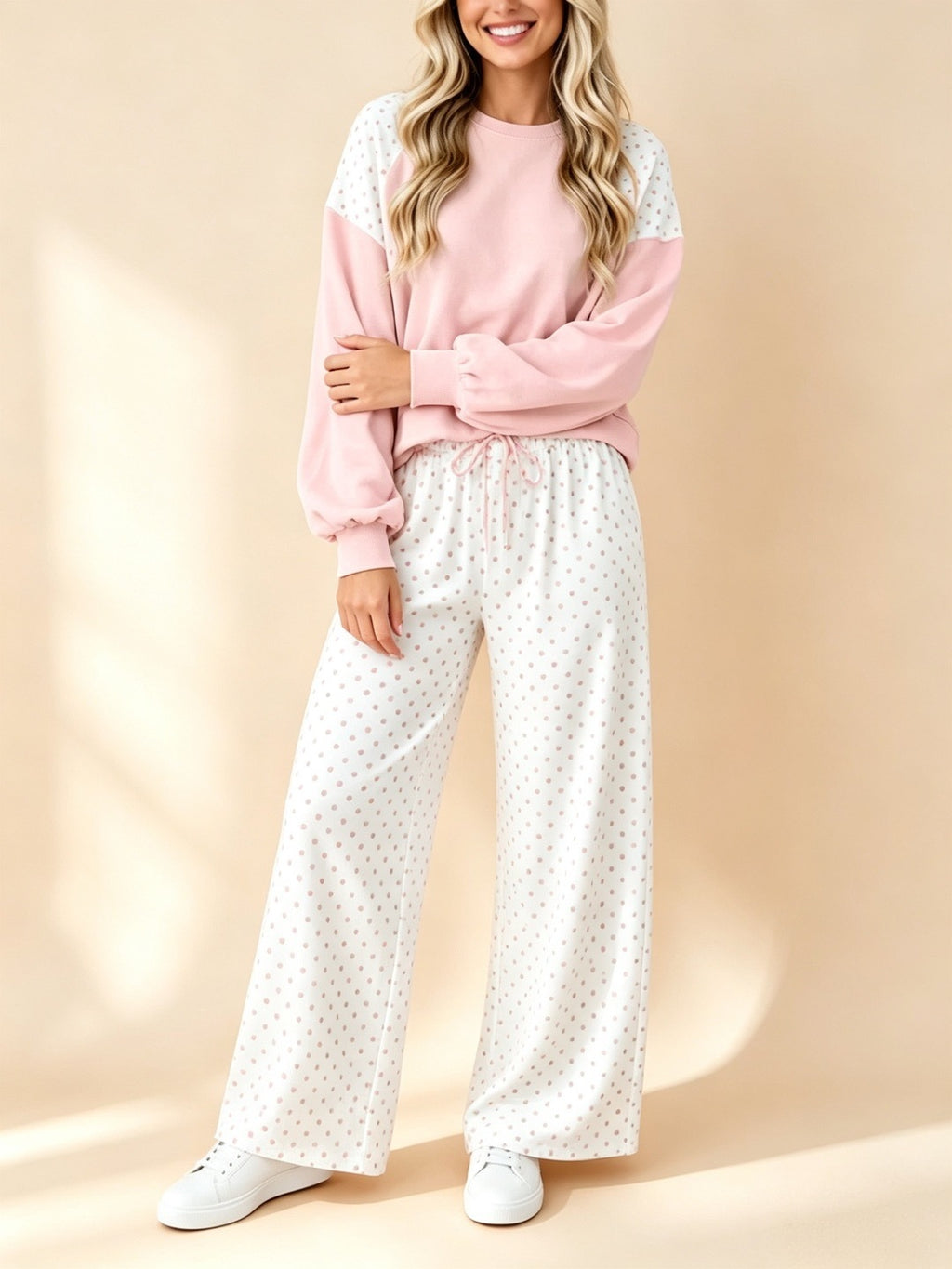 Dot Patchwork Sweatshirt and Wide Leg Pants Set - Pink