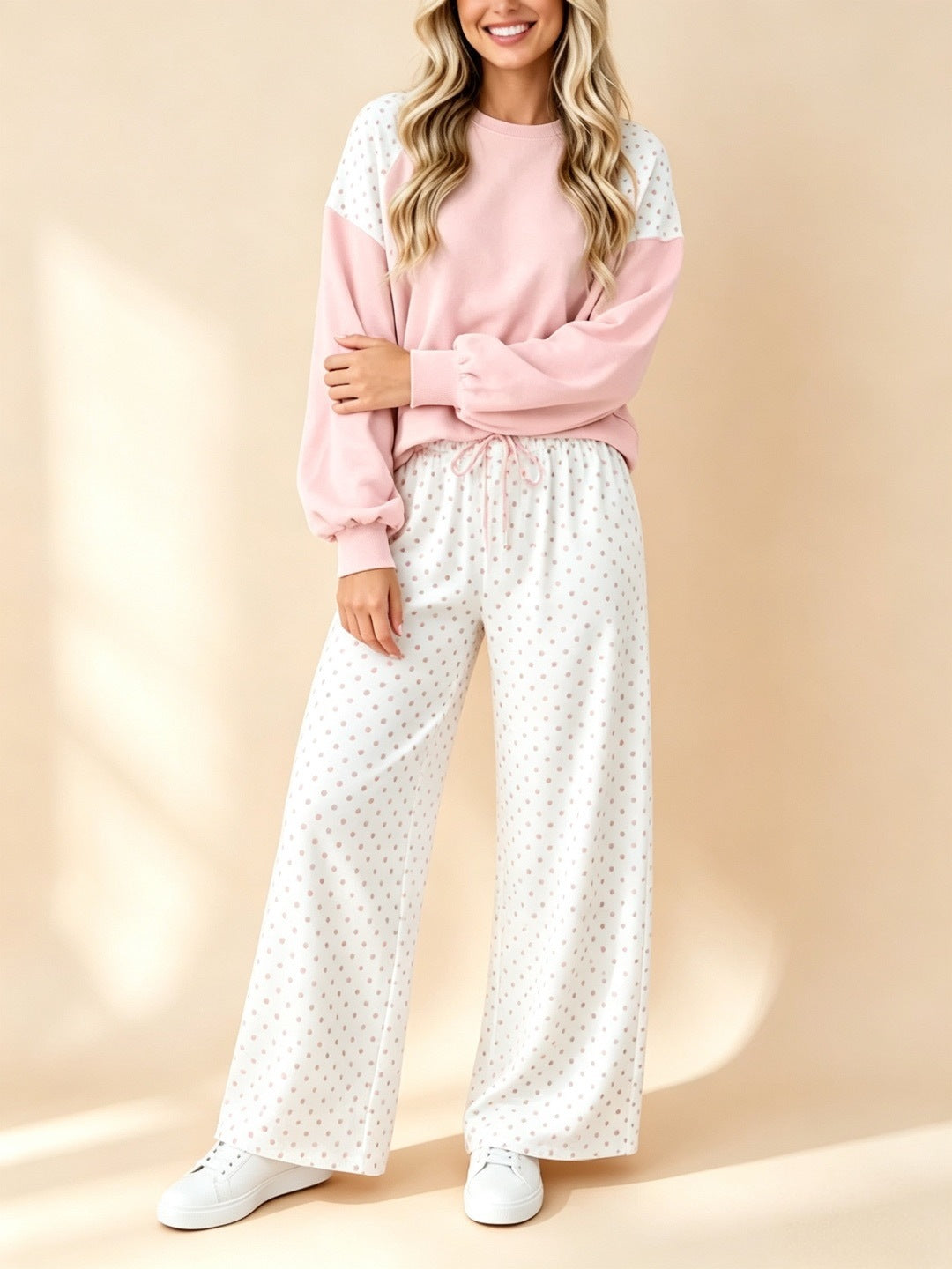 Dot Patchwork Sweatshirt and Wide Leg Pants Set - Pink