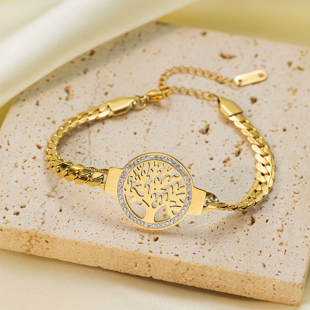 Tree Of Life Zircon Medallion Bracelet - Gold - 1
