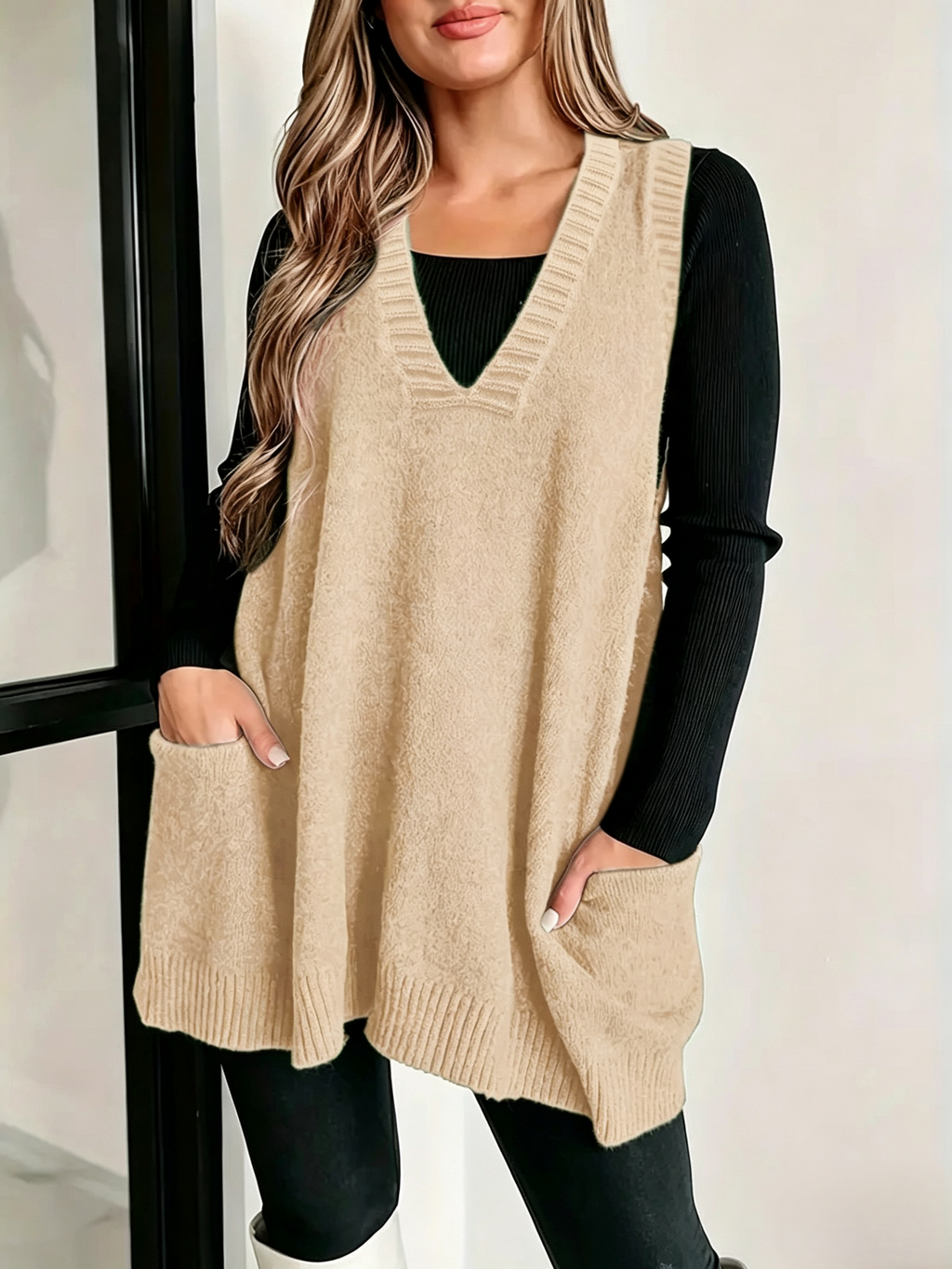 Slouchy V-Neck Longline Sweater Vest with Patch Pockets - Apricot