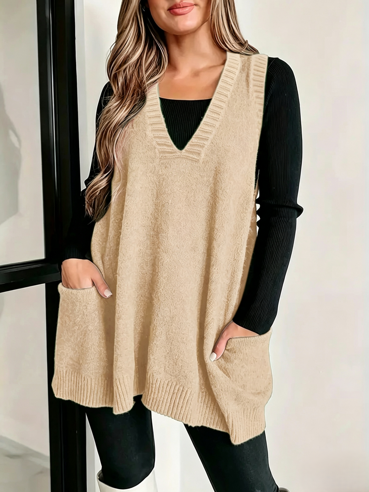 Slouchy V-Neck Longline Sweater Vest with Patch Pockets - Apricot