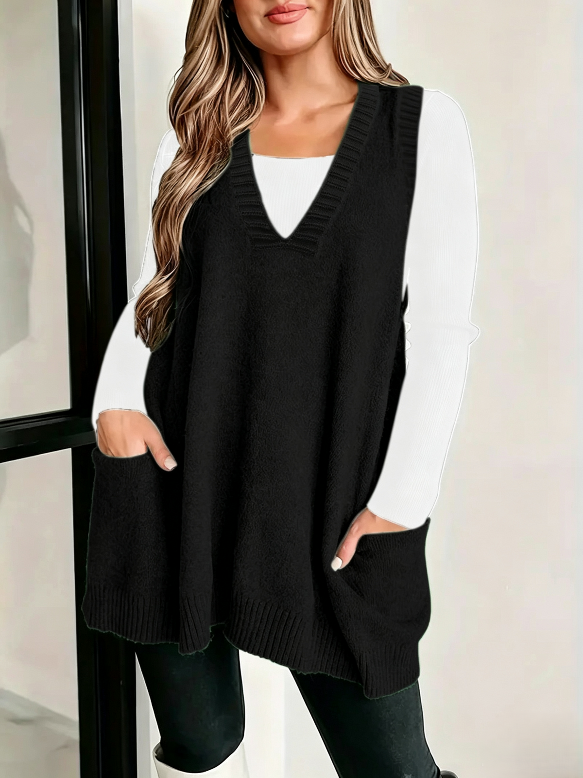 Slouchy V-Neck Longline Sweater Vest with Patch Pockets - Black