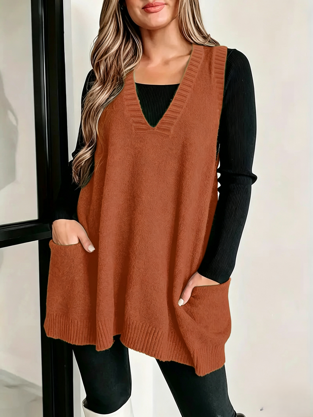 Slouchy V-Neck Longline Sweater Vest with Patch Pockets - BrickRed