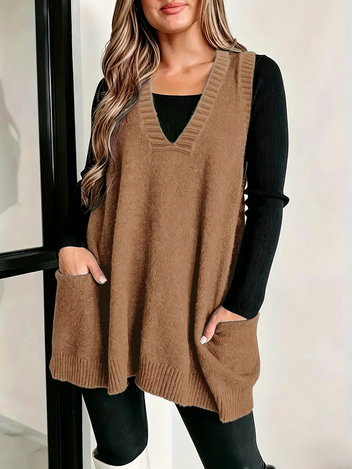Slouchy V-Neck Longline Sweater Vest with Patch Pockets - Brown
