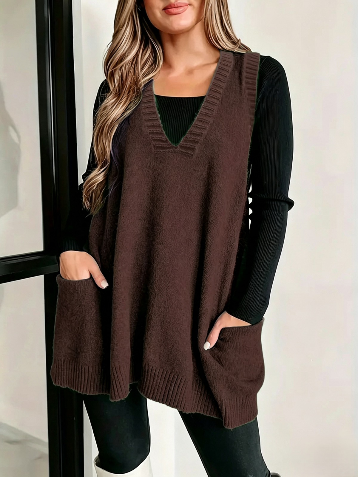 Slouchy V-Neck Longline Sweater Vest with Patch Pockets - Coffee