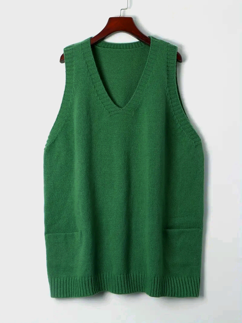 Slouchy V-Neck Longline Sweater Vest with Patch Pockets - Green - 3