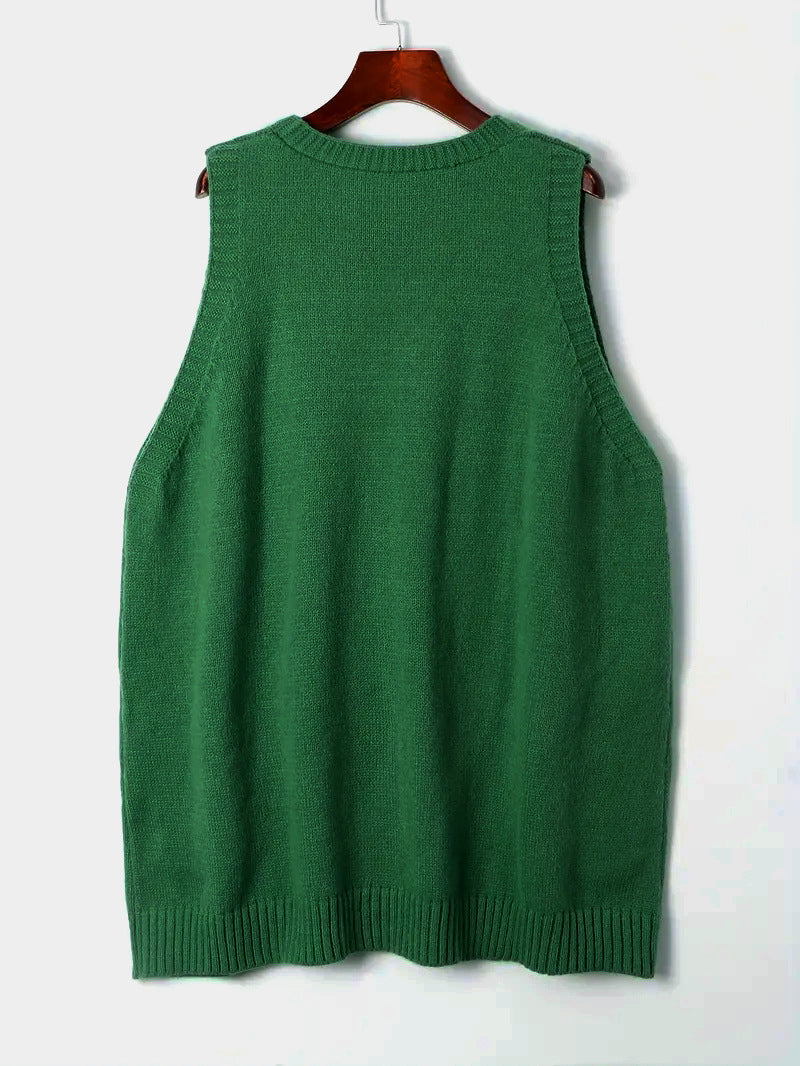Slouchy V-Neck Longline Sweater Vest with Patch Pockets - Green - 4