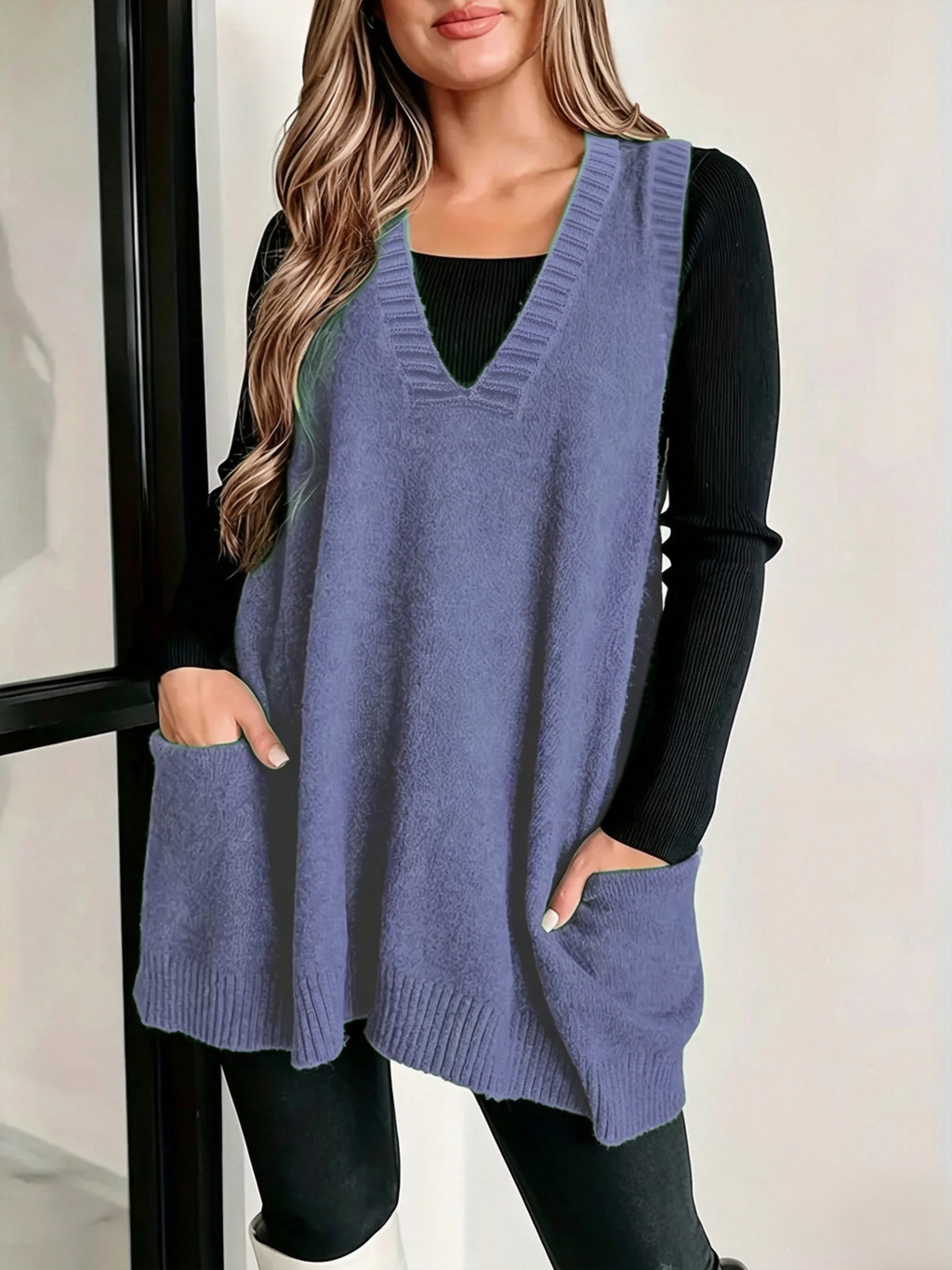 Slouchy V-Neck Longline Sweater Vest with Patch Pockets - LightBlue