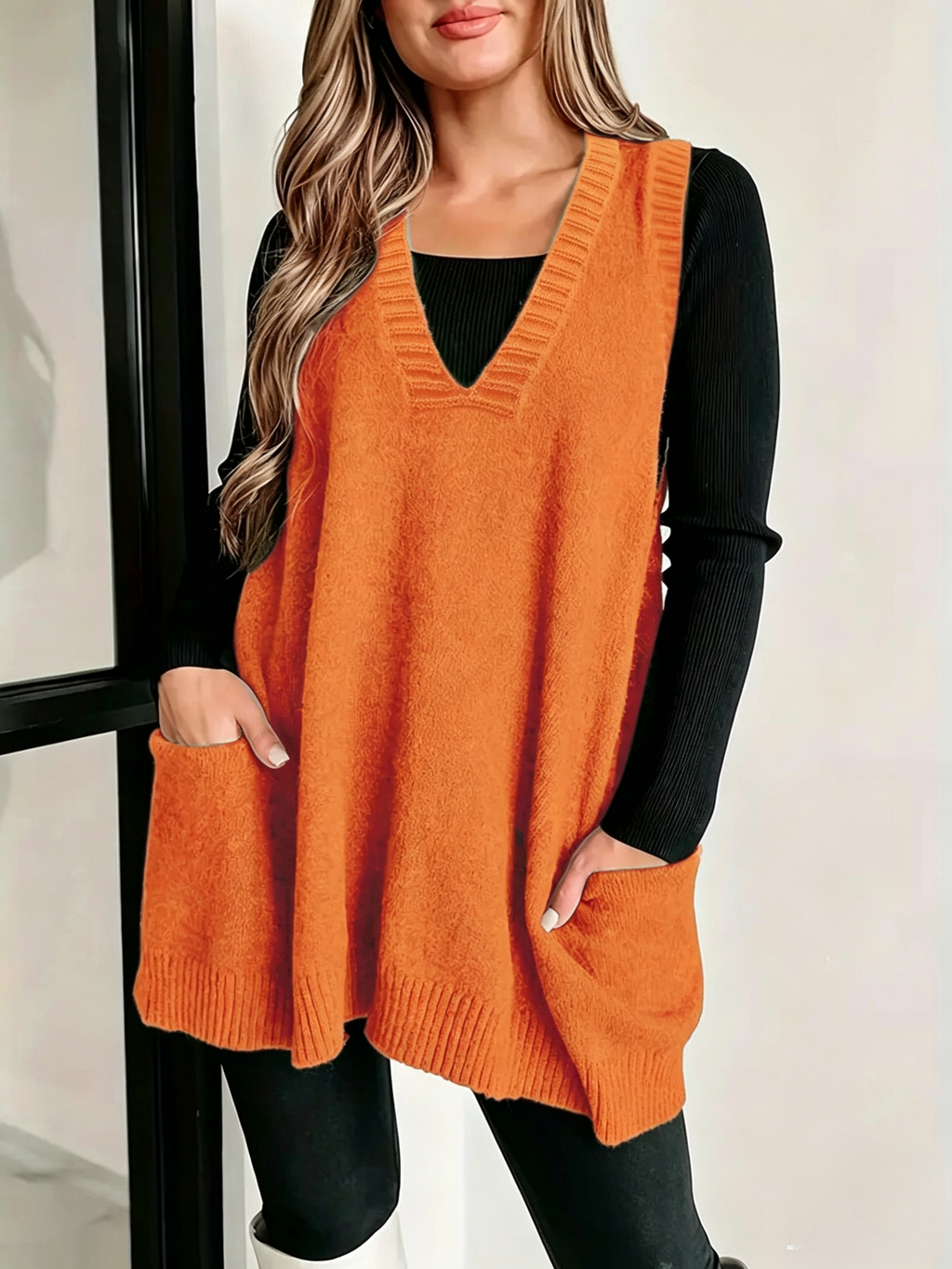 Slouchy V-Neck Longline Sweater Vest with Patch Pockets - Orange