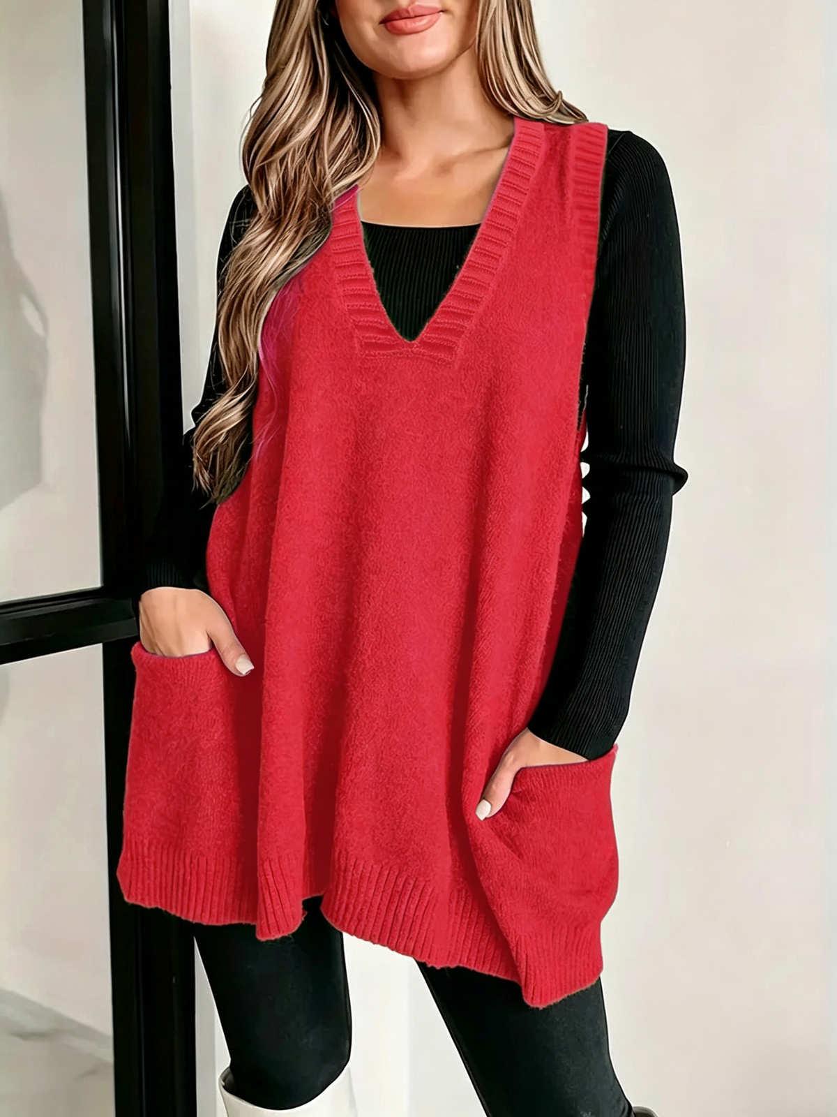 Slouchy V-Neck Longline Sweater Vest with Patch Pockets - Red