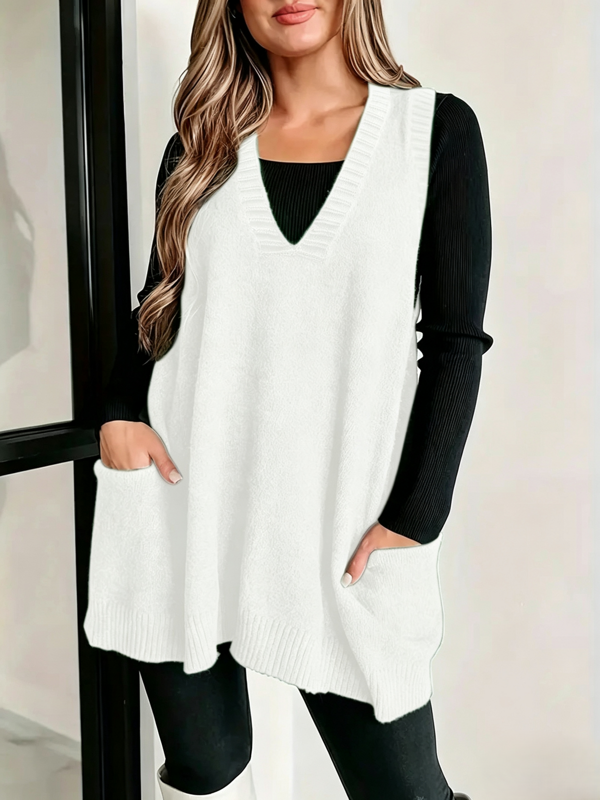 Slouchy V-Neck Longline Sweater Vest with Patch Pockets - White