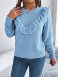 Ruffle Yoke Waffle Knit Pullover Sweater - Blue