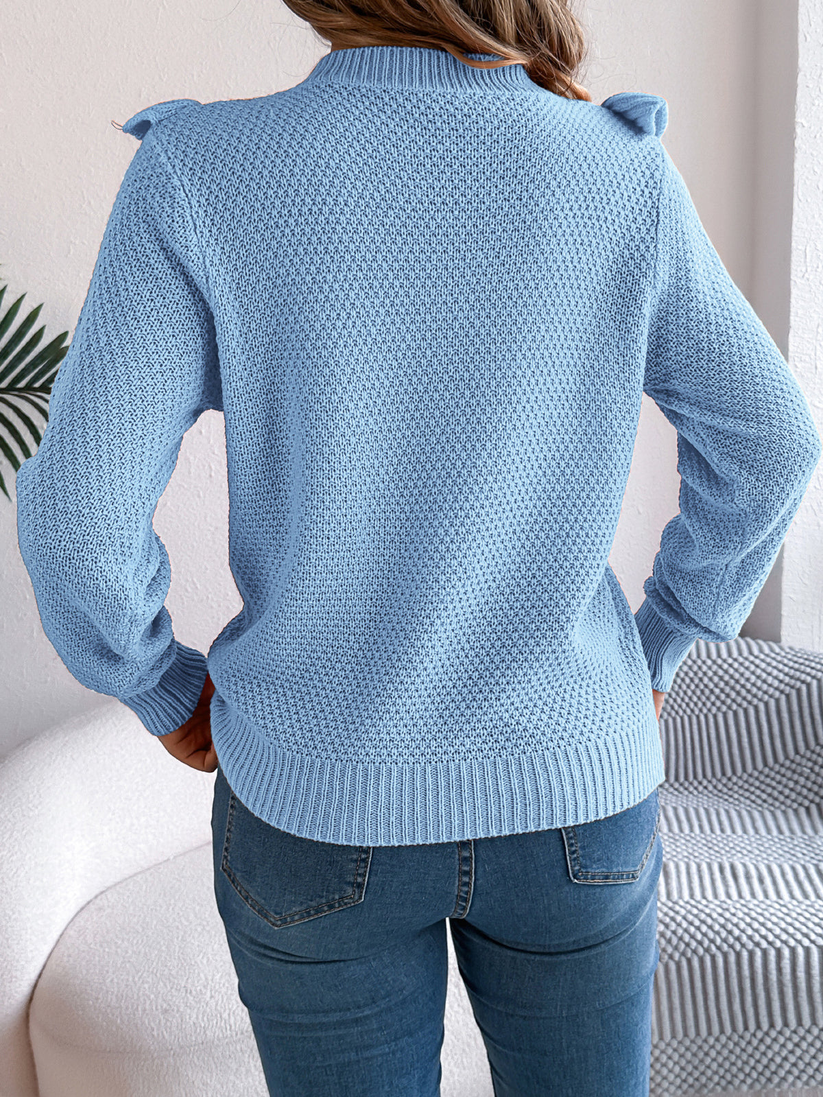 Ruffle Yoke Waffle Knit Pullover Sweater - Blue - 2