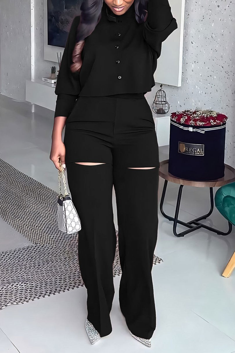 Cropped Button Shirt and Knee Slit Trouser Set - Black