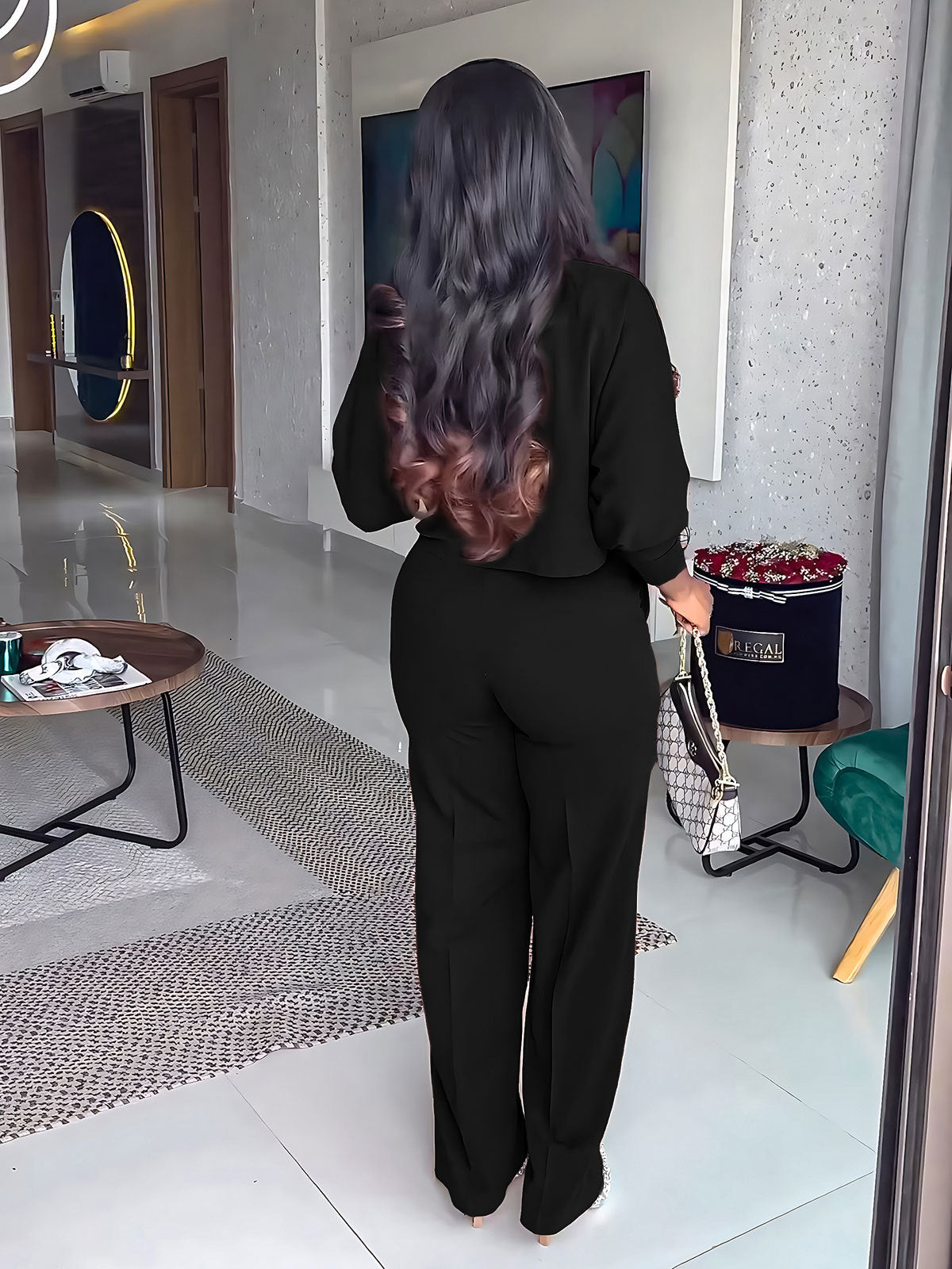 Cropped Button Shirt and Knee Slit Trouser Set - Black - 1