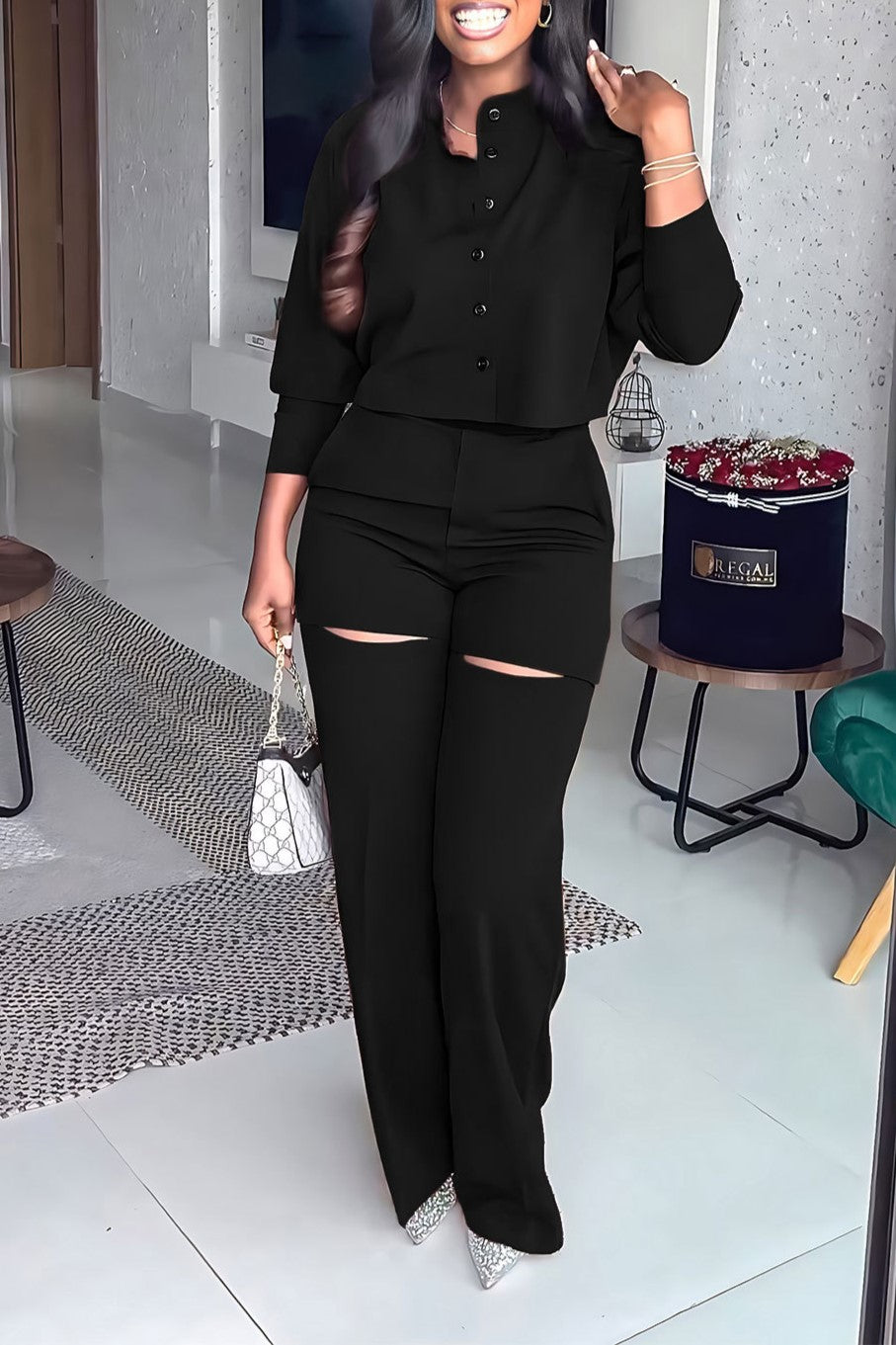 Cropped Button Shirt and Knee Slit Trouser Set - Black - 2